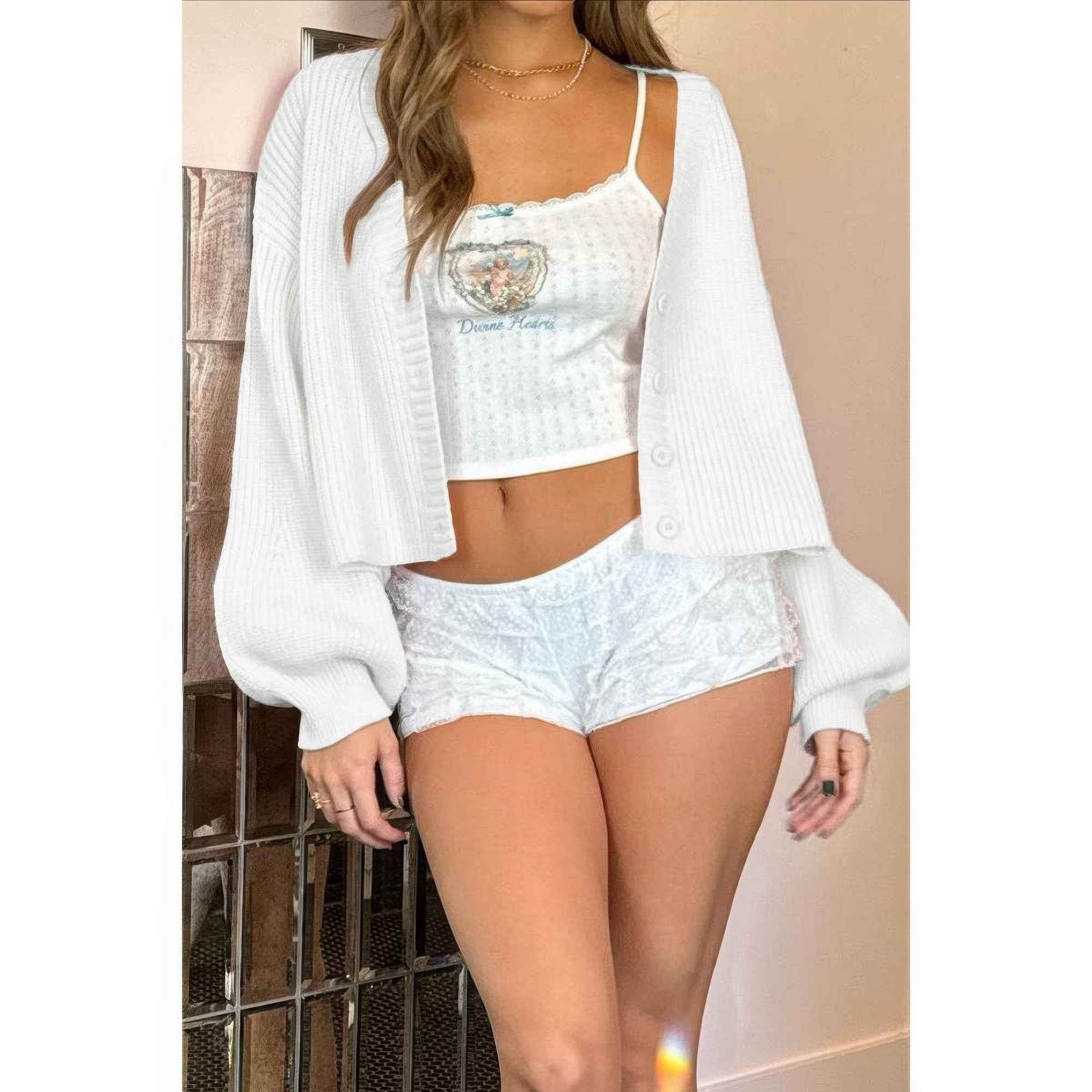 Drop Shoulder Solid Knit V Neck Button Sweater