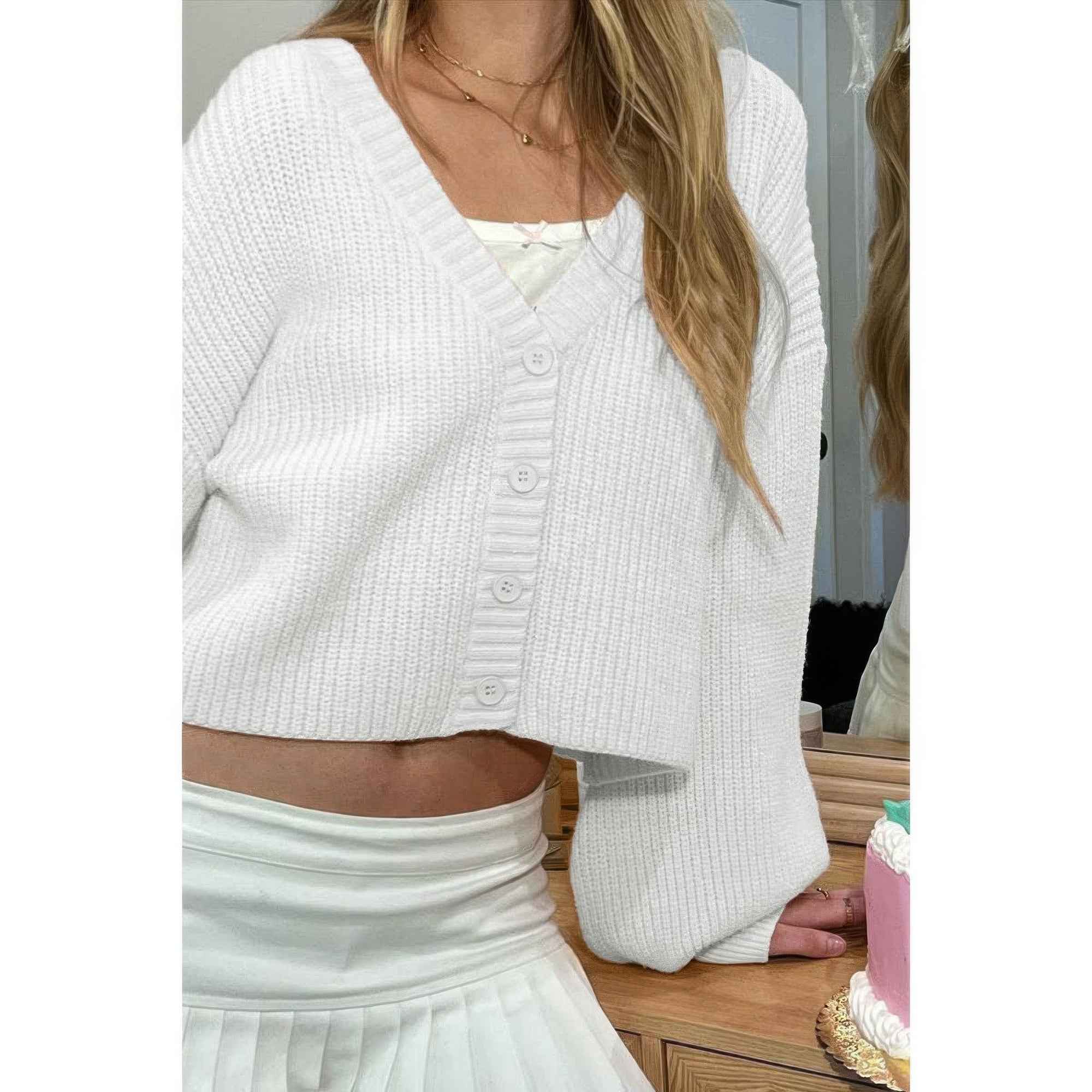 Drop Shoulder Solid Knit V Neck Button Sweater