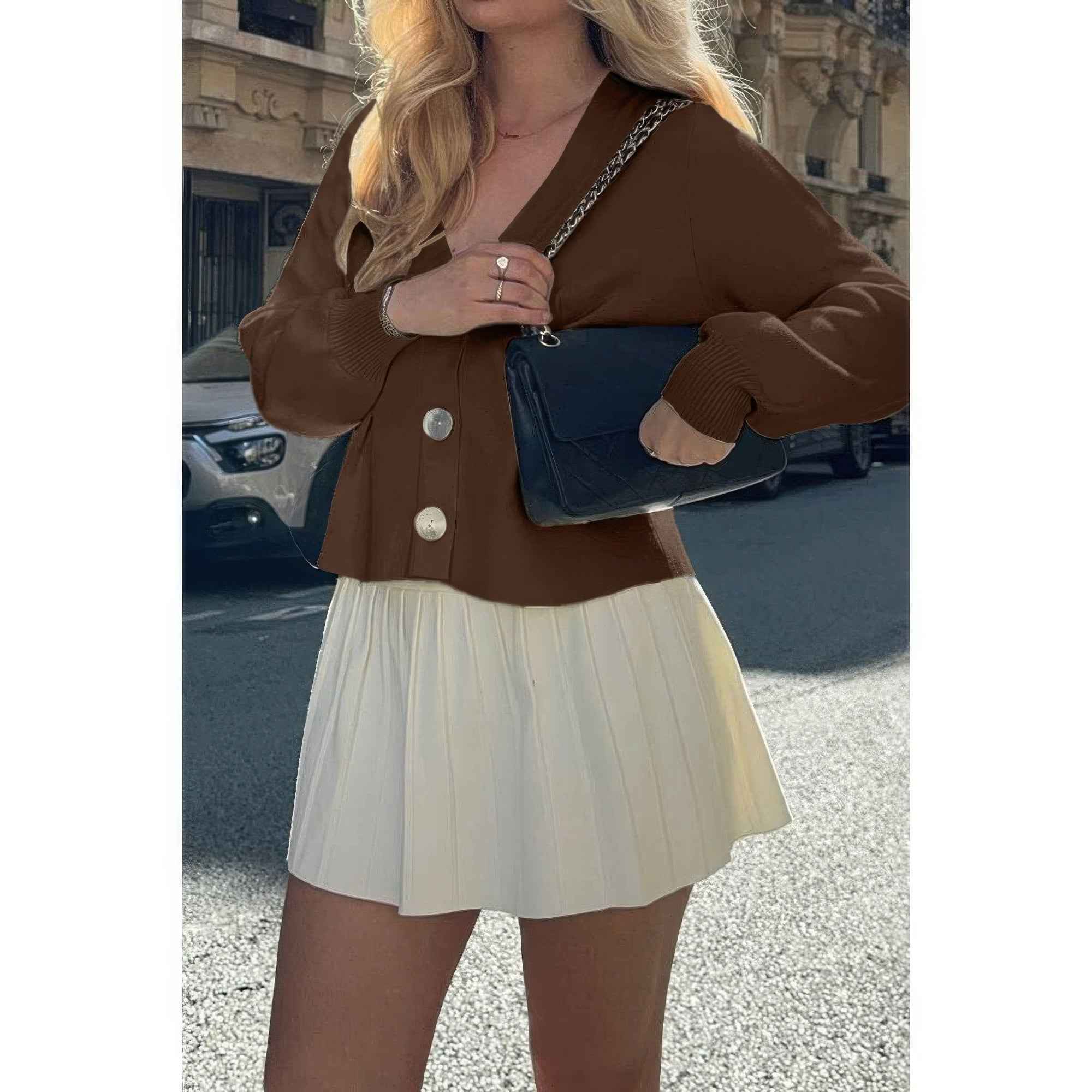 Solid Knit Button Up V Neck Knit Cardigan