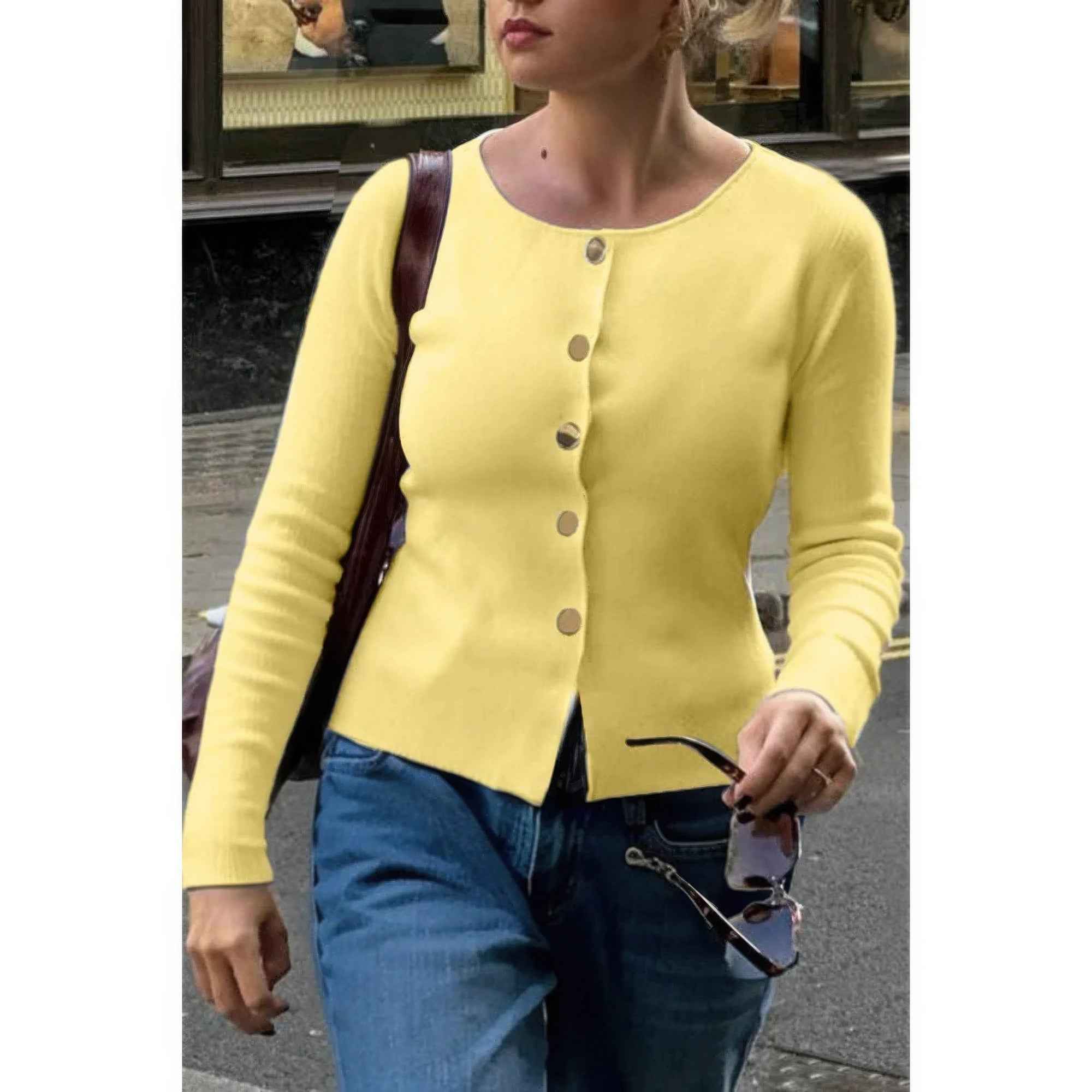 Knit Round Neck Button Up Long Sleeves Sweater