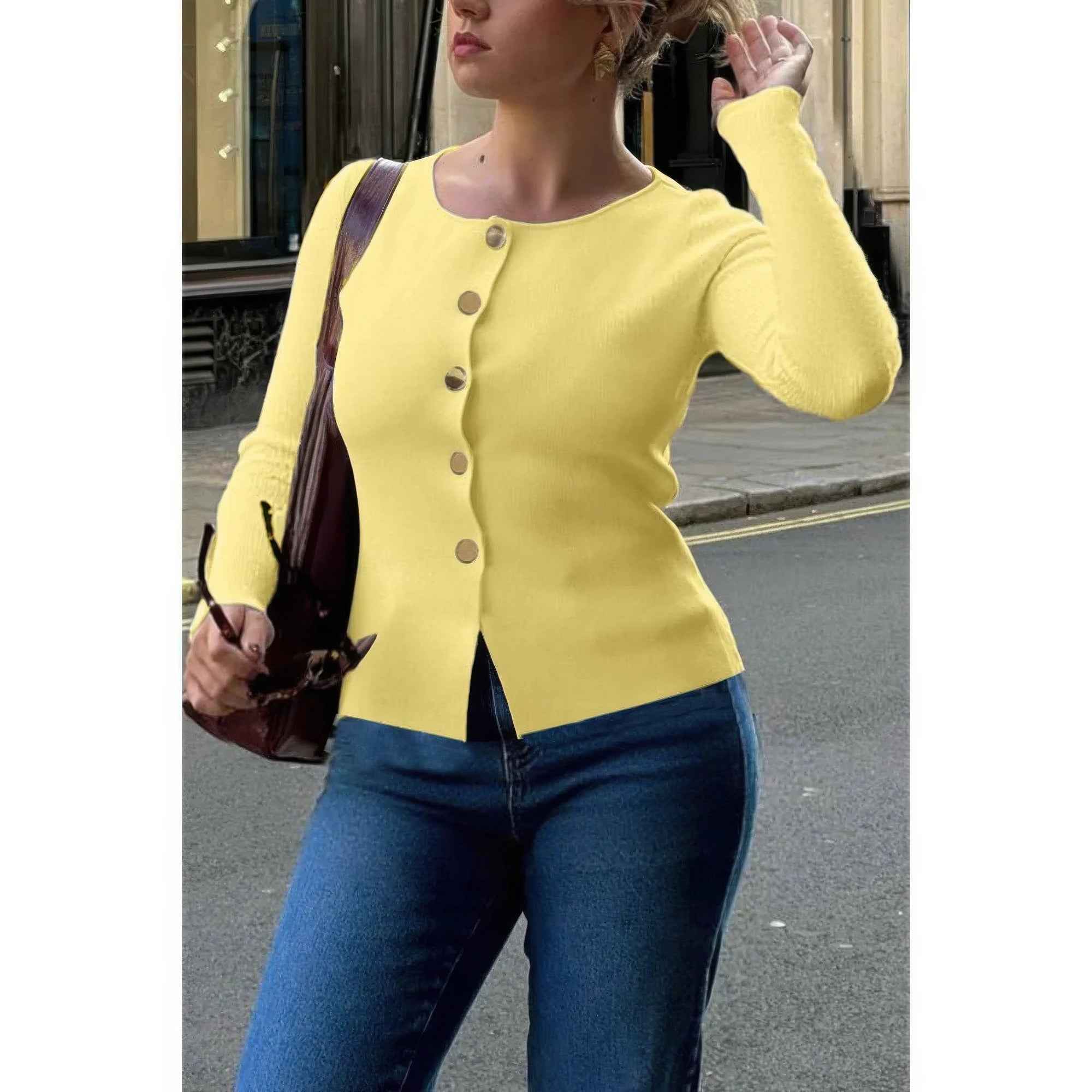 Knit Round Neck Button Up Long Sleeves Sweater