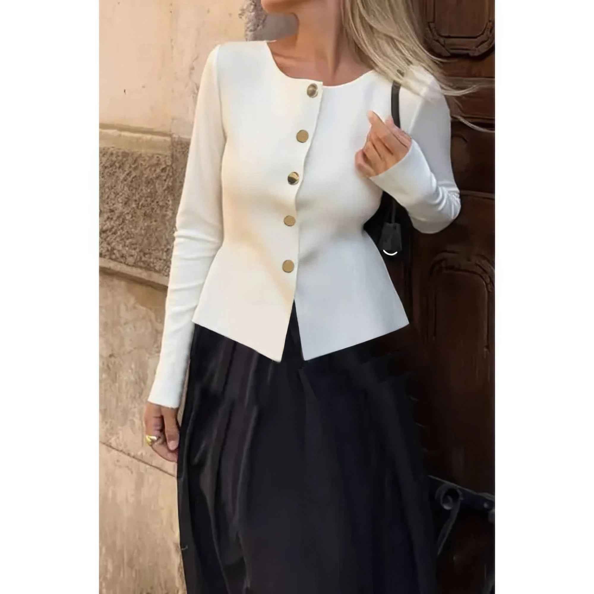 Knit Round Neck Button Up Long Sleeves Sweater