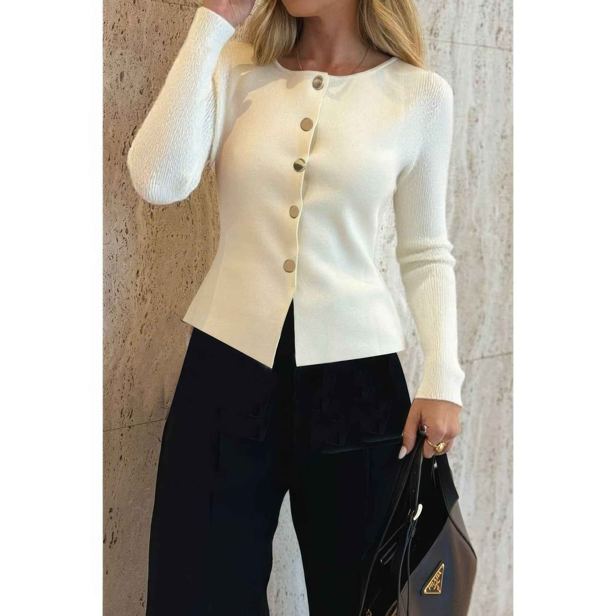 Knit Round Neck Button Up Long Sleeves Sweater