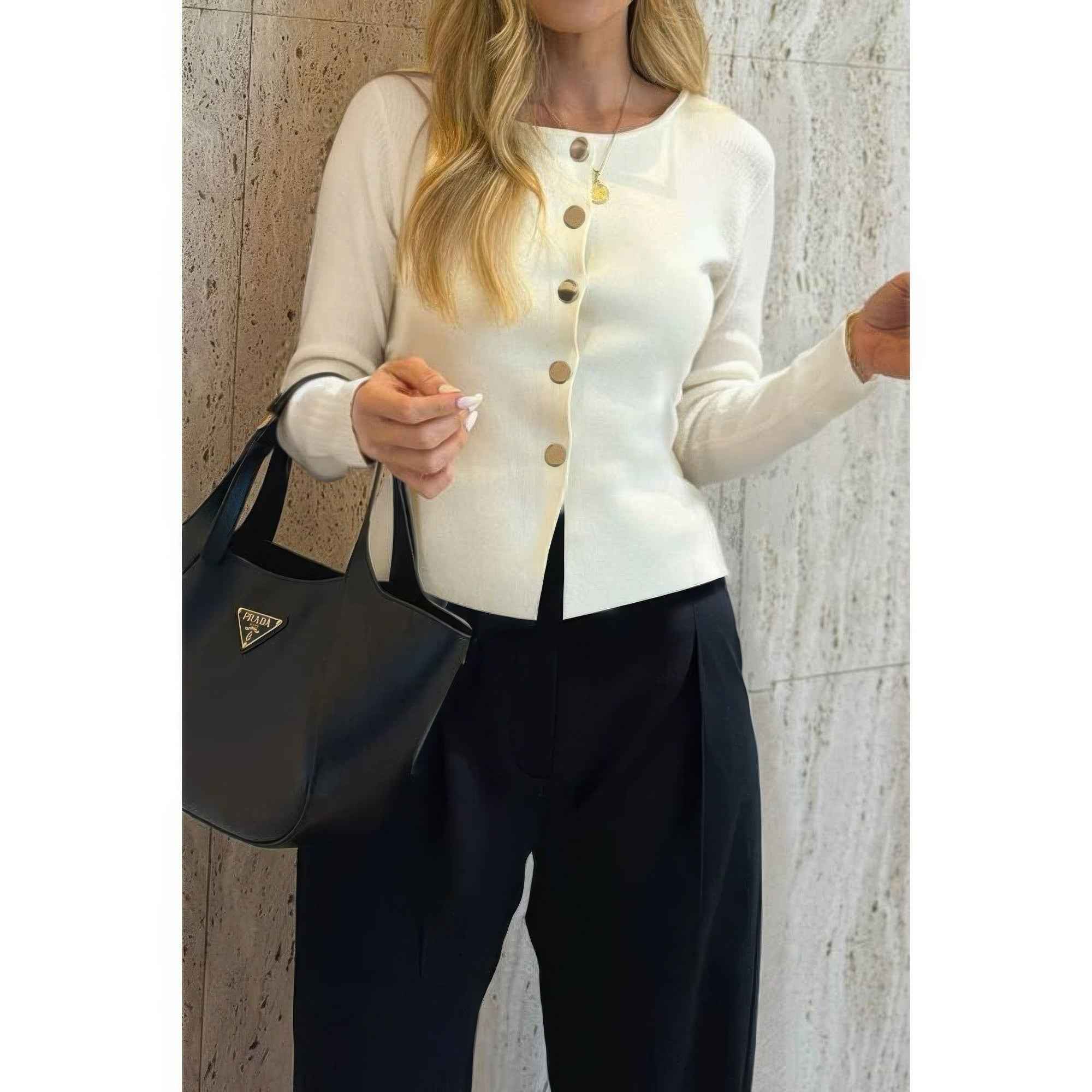 Knit Round Neck Button Up Long Sleeves Sweater