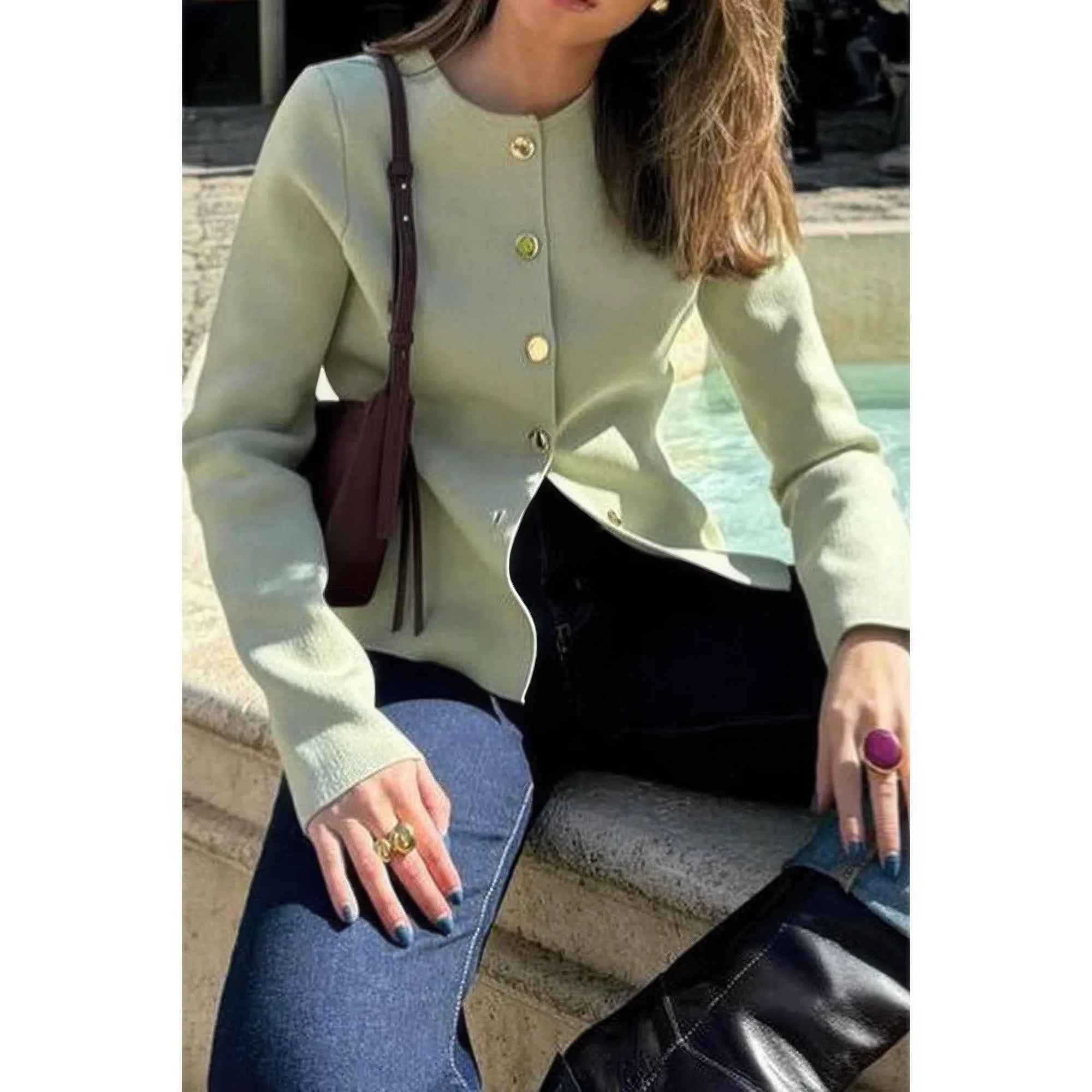 Knit Round Neck Button Up Long Sleeves Sweater