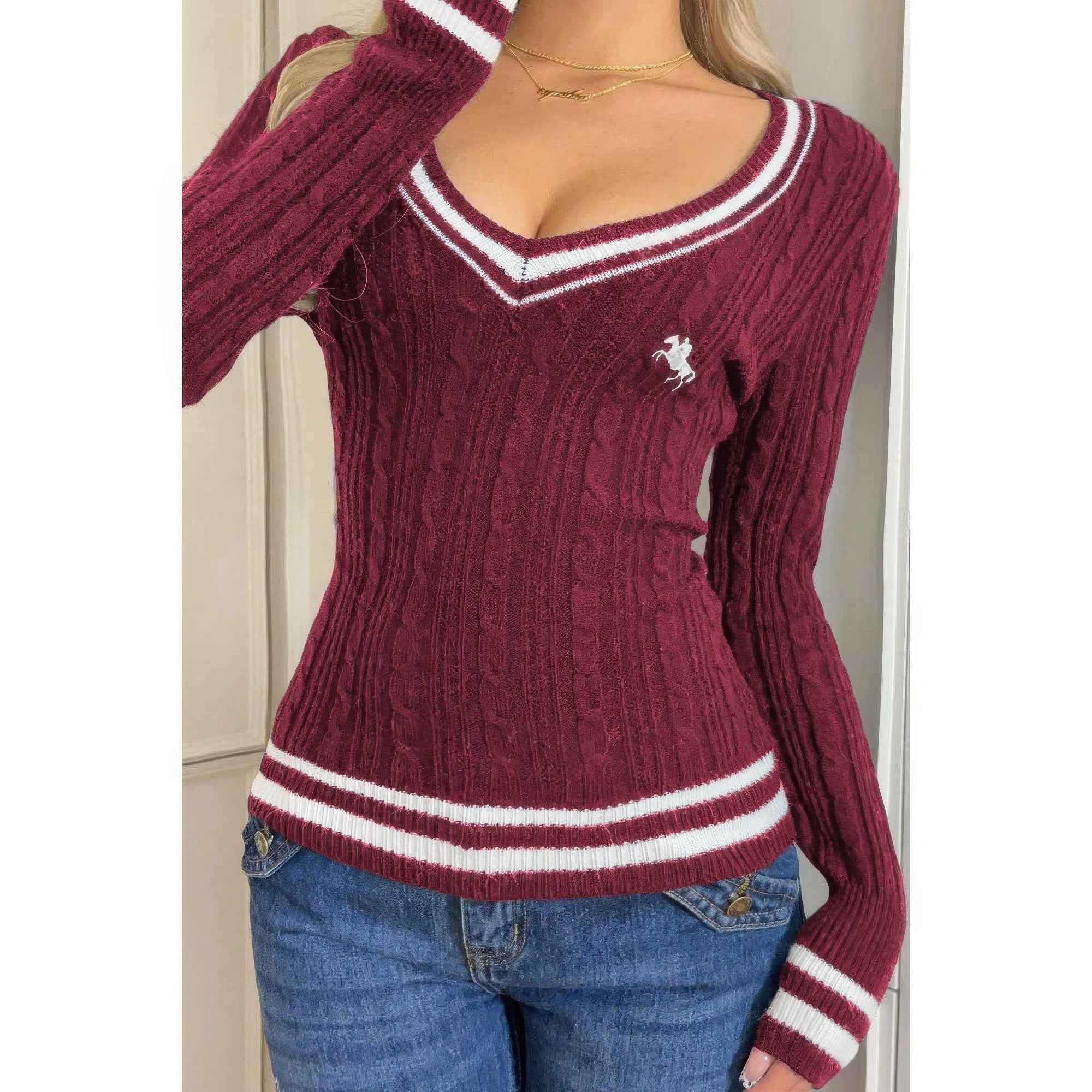 V Neck Cable Knit Long Sleeve Fit Sweater