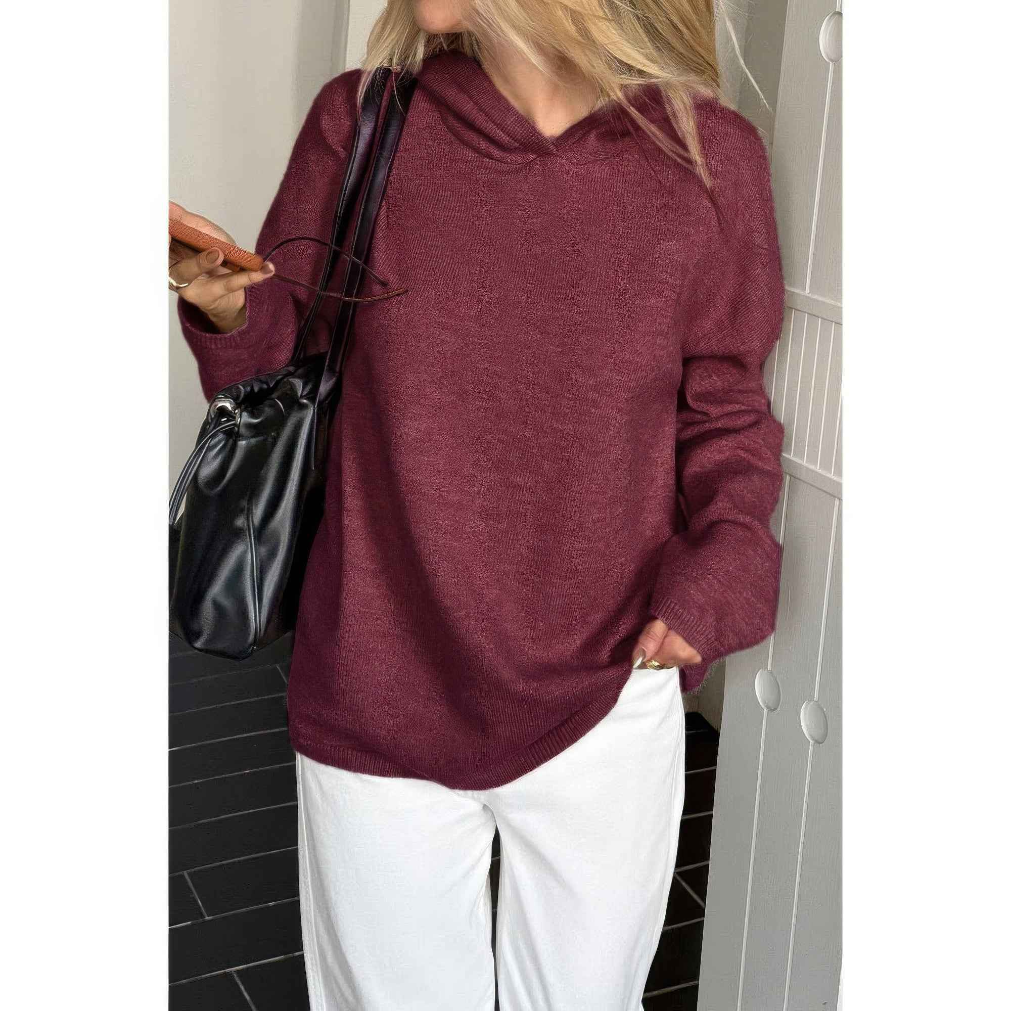 Solid Knit Long Sleeve Loose Hooded Sweater