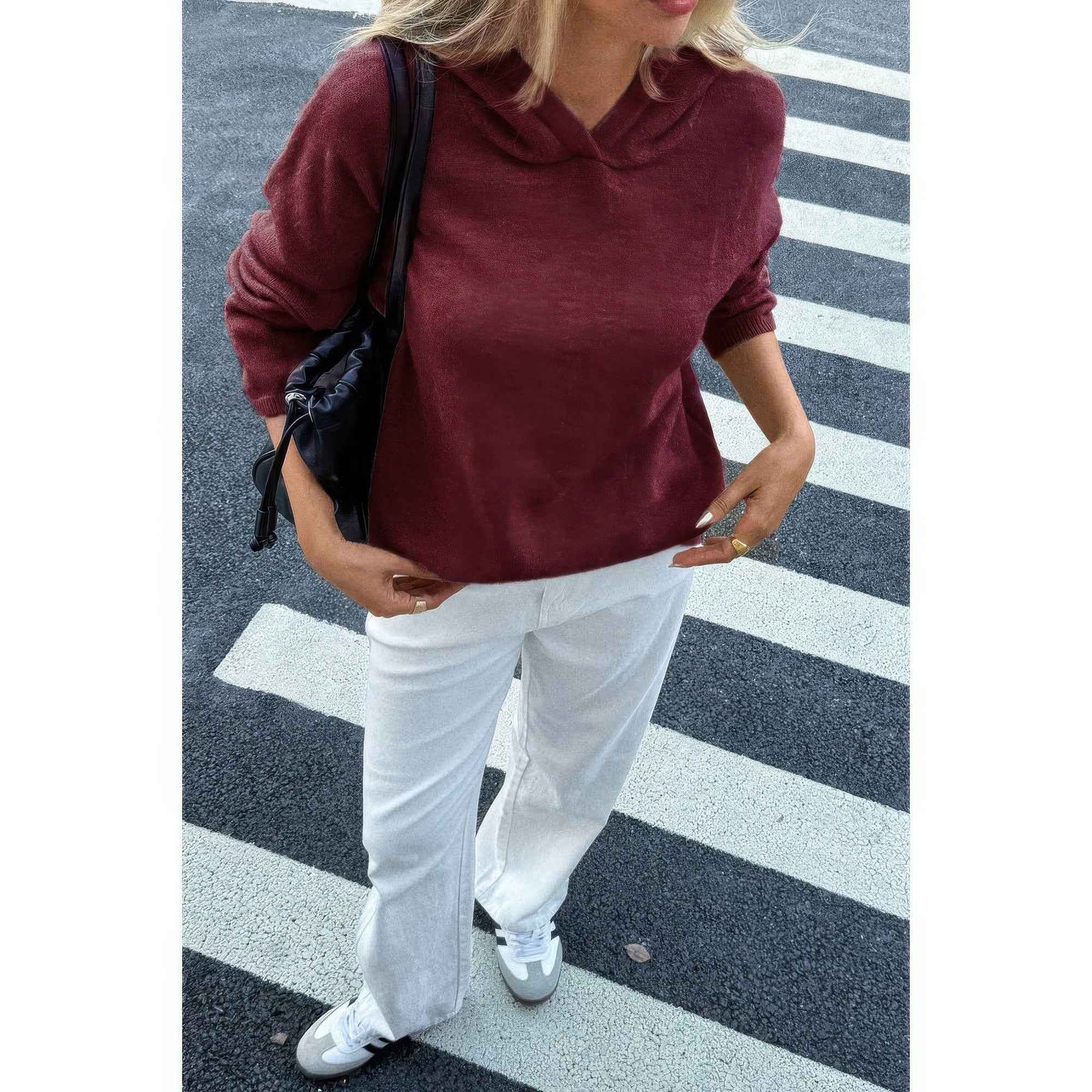 Solid Knit Long Sleeve Loose Hooded Sweater