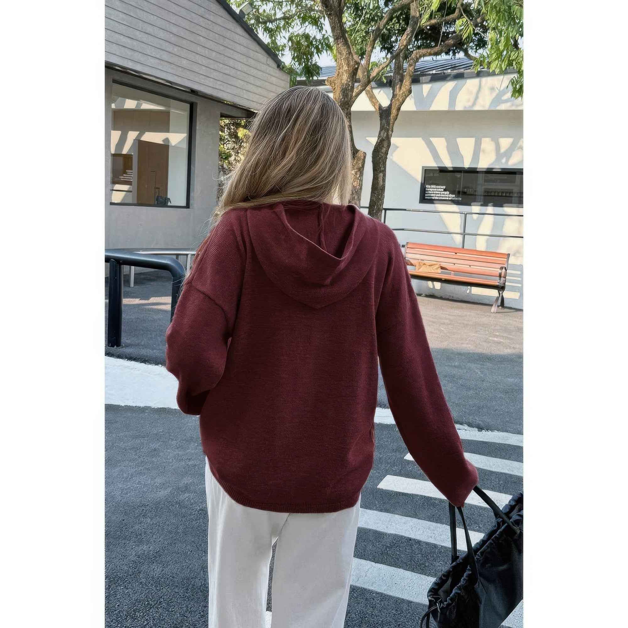 Solid Knit Long Sleeve Loose Hooded Sweater