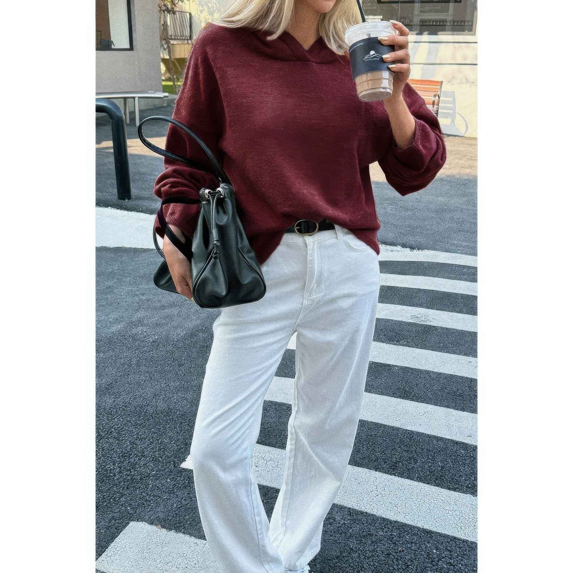 Solid Knit Long Sleeve Loose Hooded Sweater