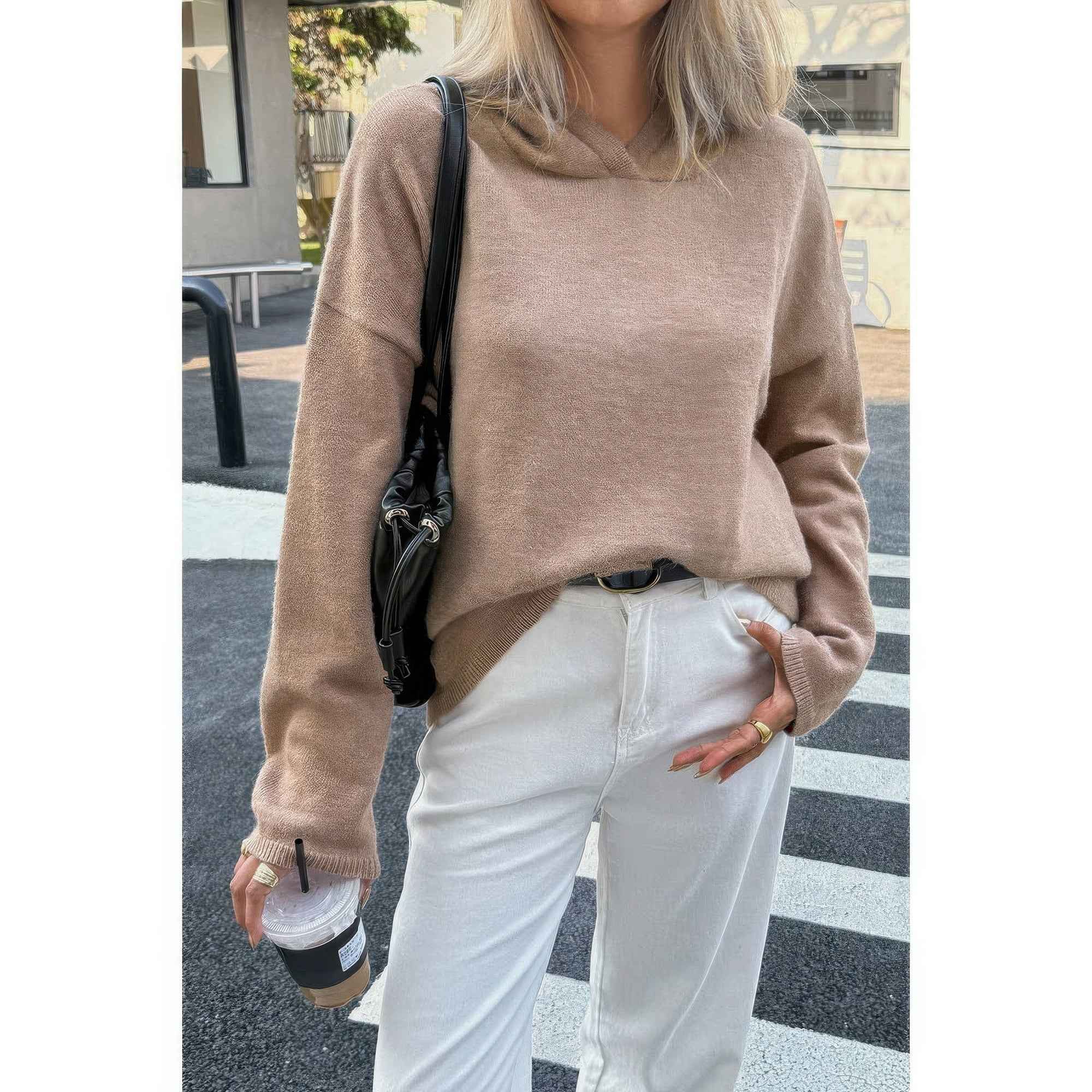 Solid Knit Long Sleeve Loose Hooded Sweater