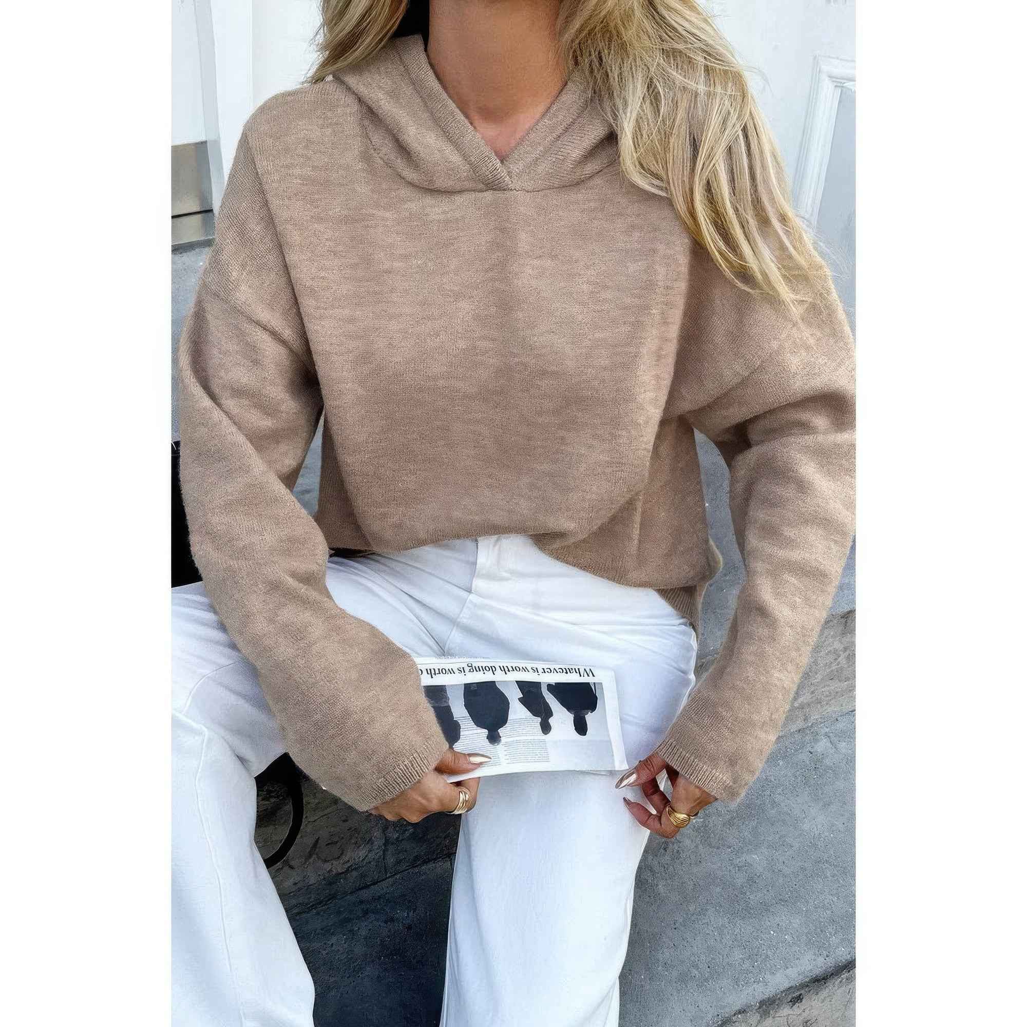 Solid Knit Long Sleeve Loose Hooded Sweater