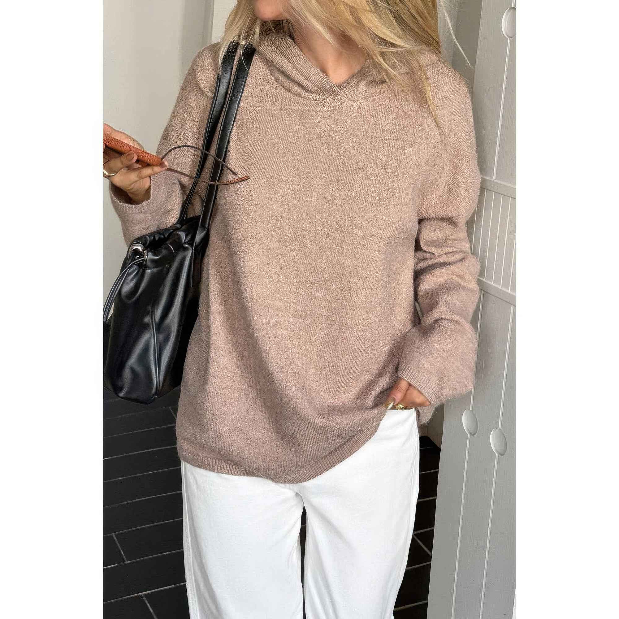 Solid Knit Long Sleeve Loose Hooded Sweater