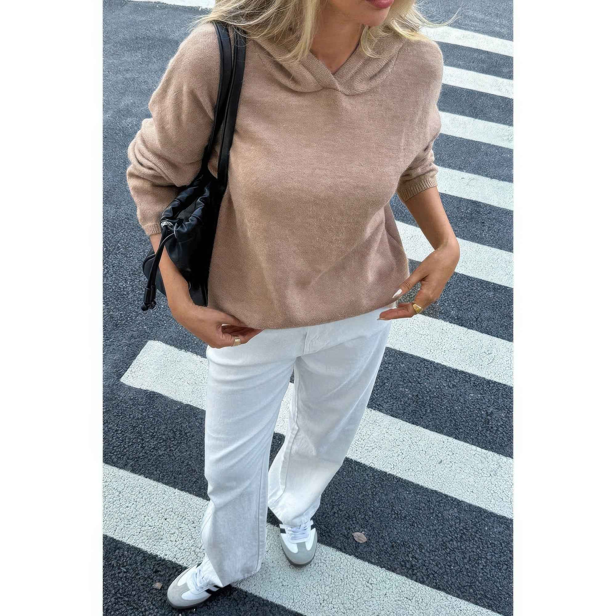 Solid Knit Long Sleeve Loose Hooded Sweater