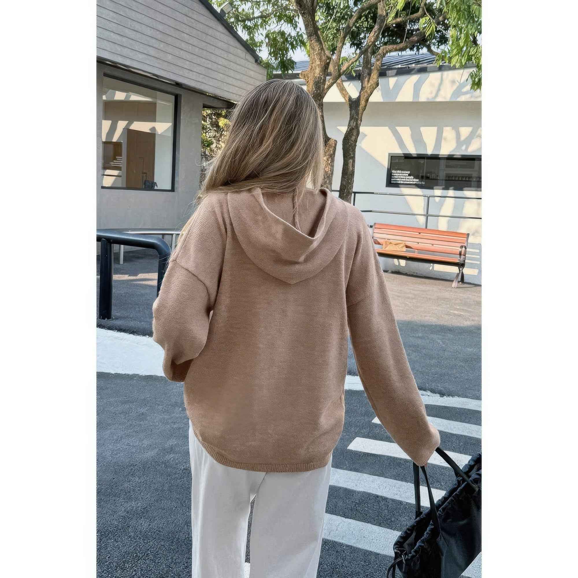 Solid Knit Long Sleeve Loose Hooded Sweater