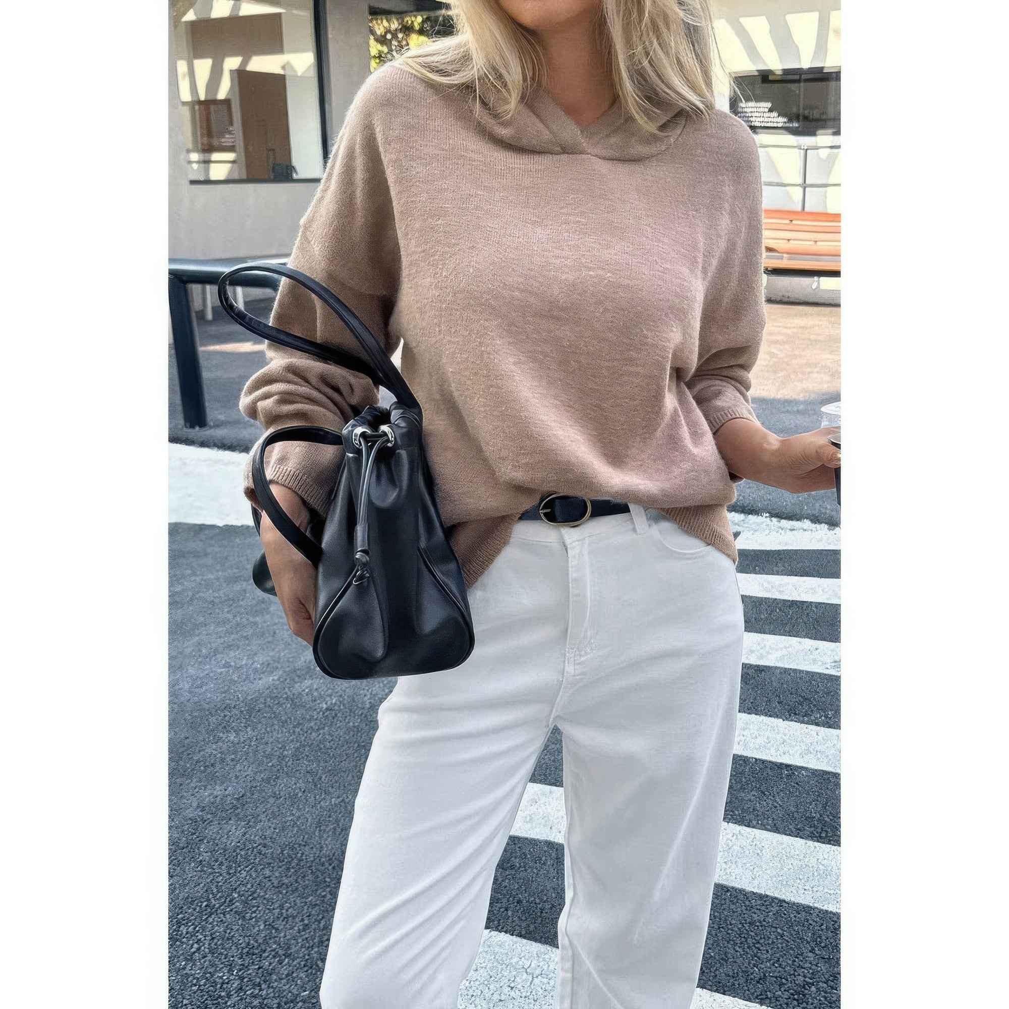 Solid Knit Long Sleeve Loose Hooded Sweater