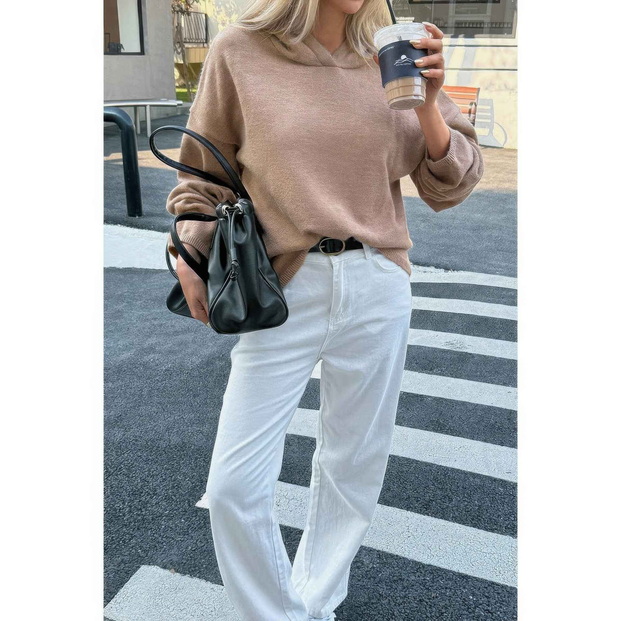 Solid Knit Long Sleeve Loose Hooded Sweater