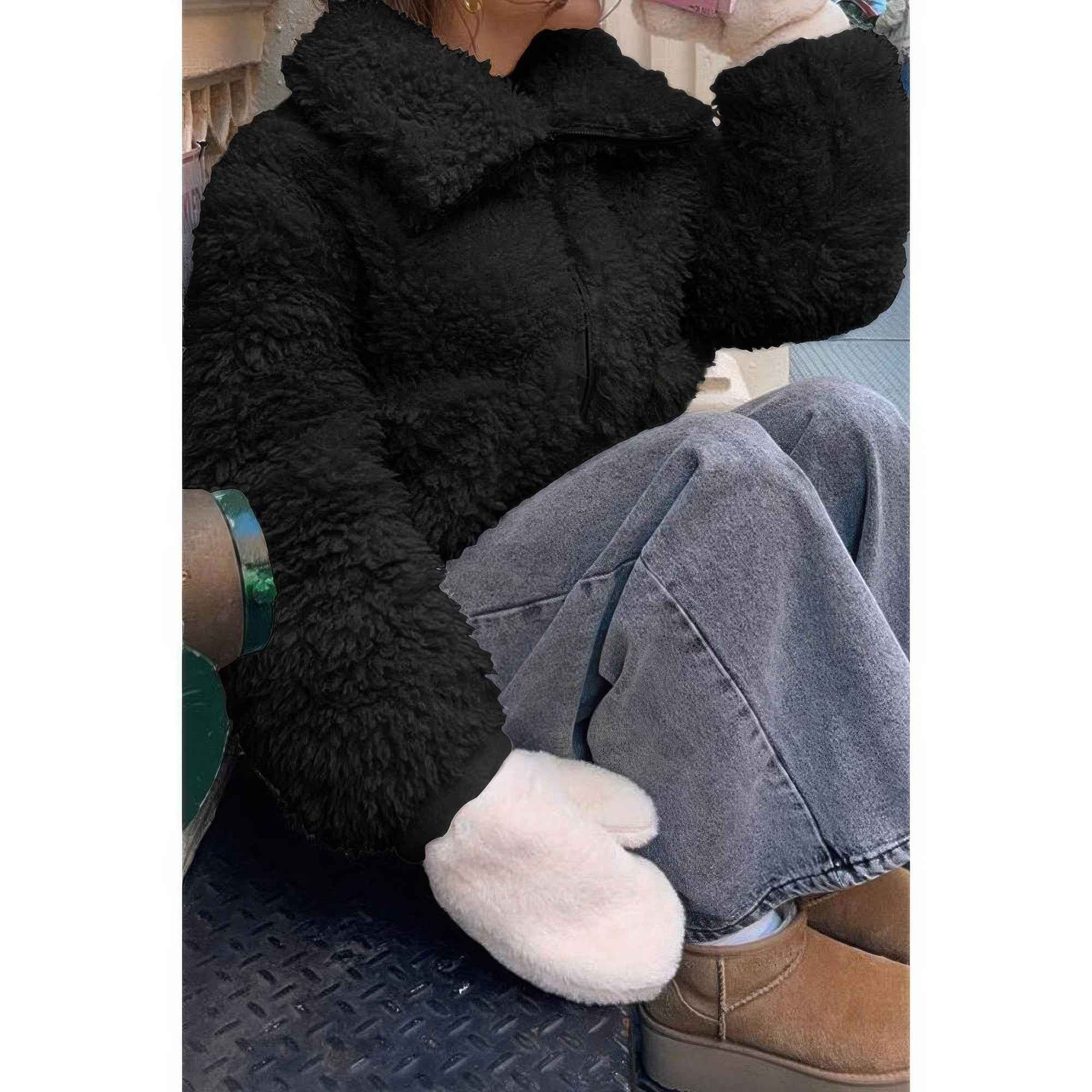 Solid Fleece Cropped Cozy Fuzzy Fur Jacket