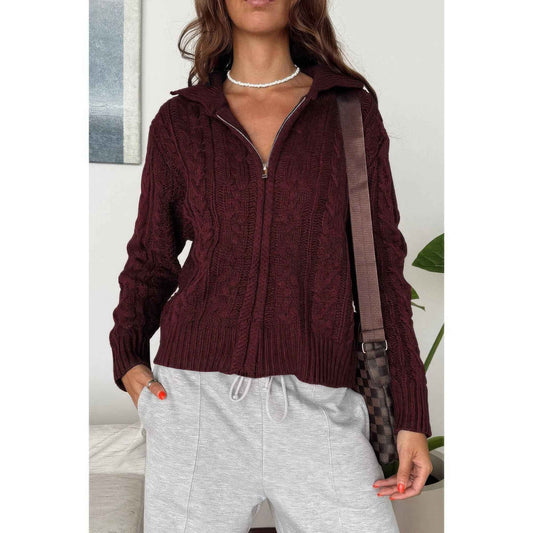 Solid Cable Knit Drop Shoulder Zipper Cardigan