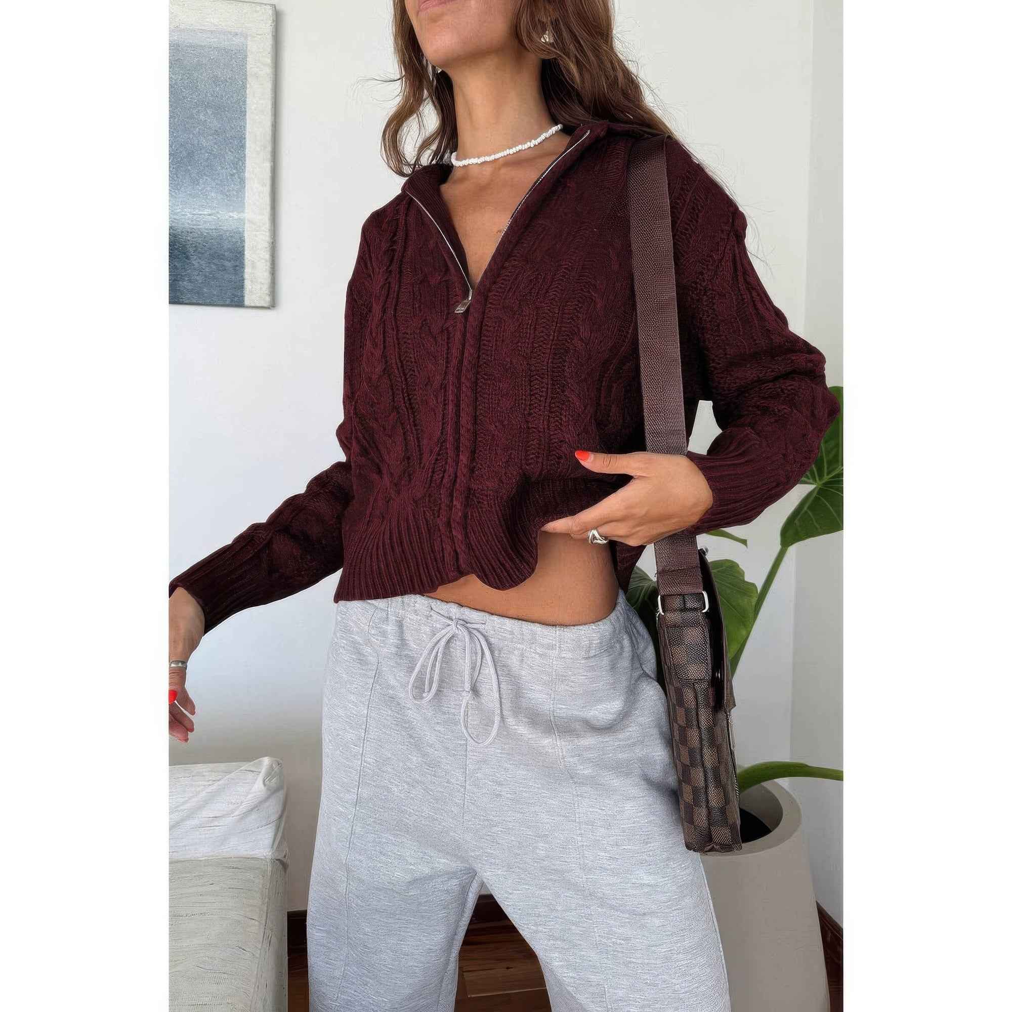 Solid Cable Knit Drop Shoulder Zipper Cardigan