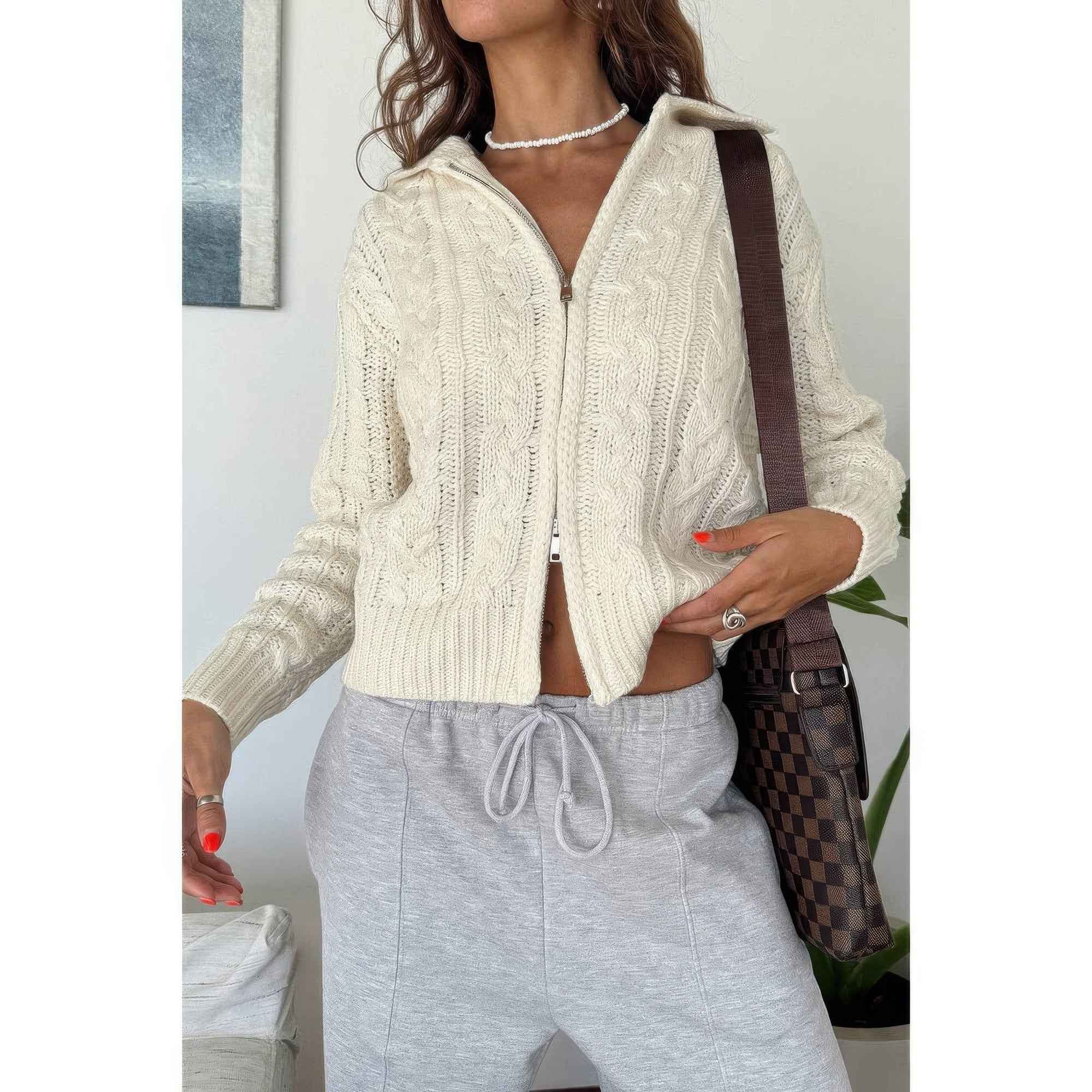 Solid Cable Knit Drop Shoulder Zipper Cardigan