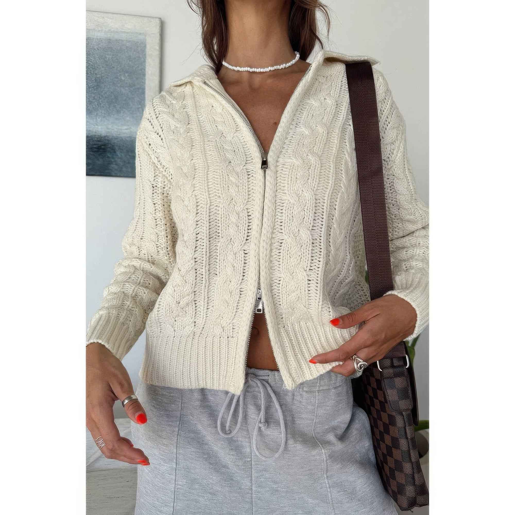 Solid Cable Knit Drop Shoulder Zipper Cardigan