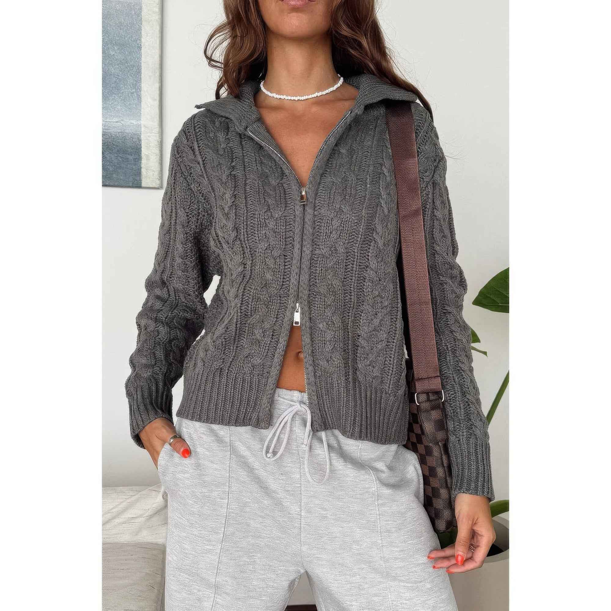 Solid Cable Knit Drop Shoulder Zipper Cardigan