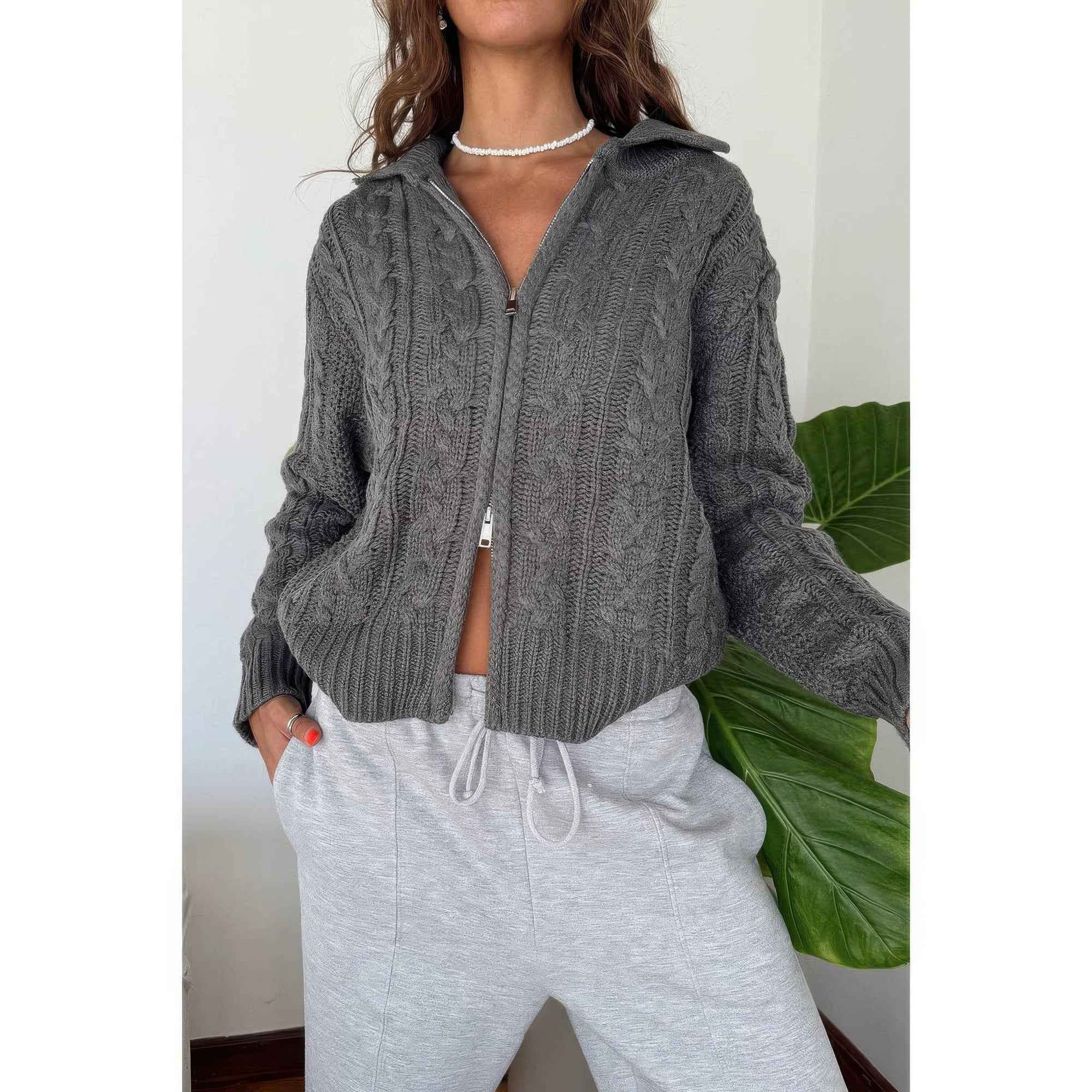 Solid Cable Knit Drop Shoulder Zipper Cardigan