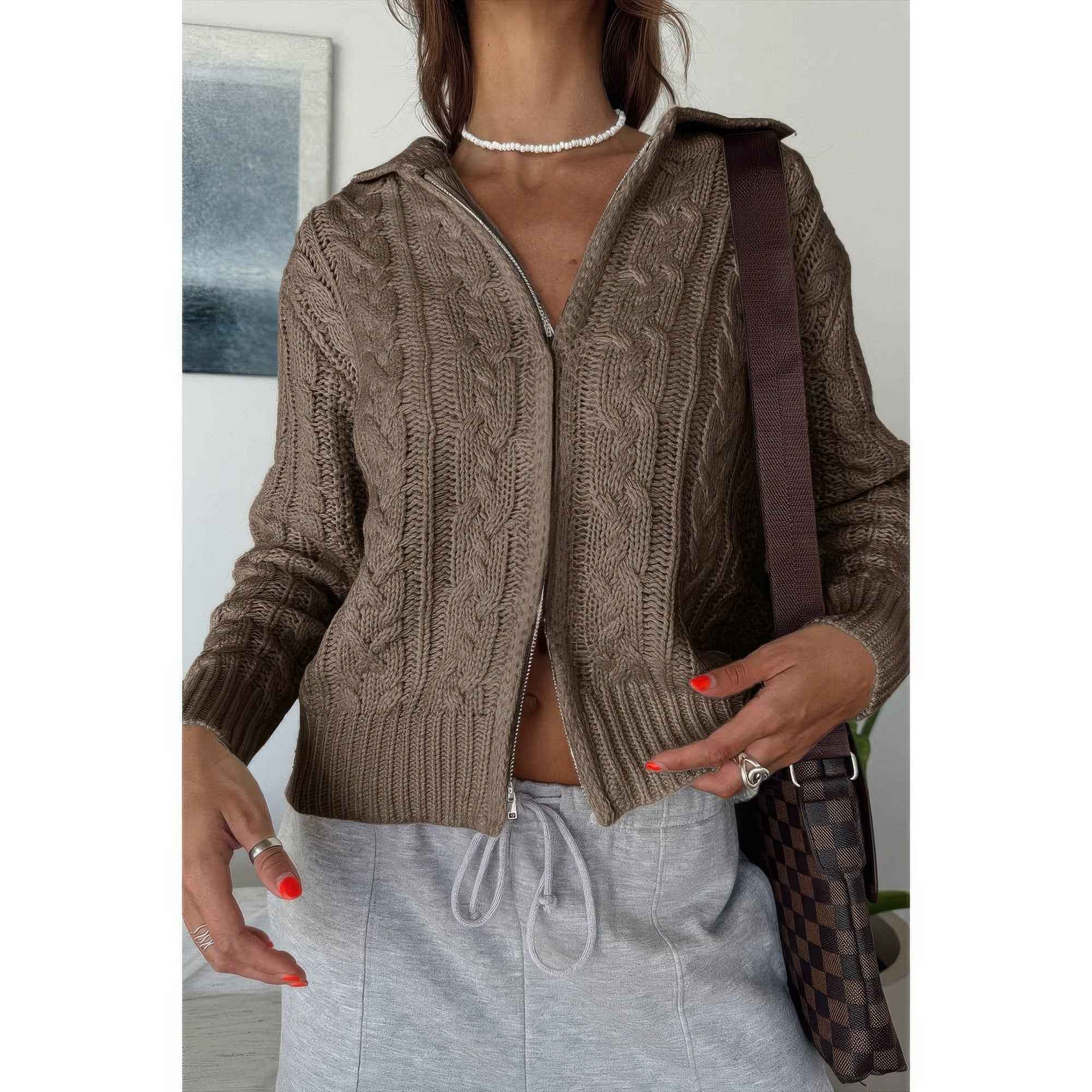 Solid Cable Knit Drop Shoulder Zipper Cardigan