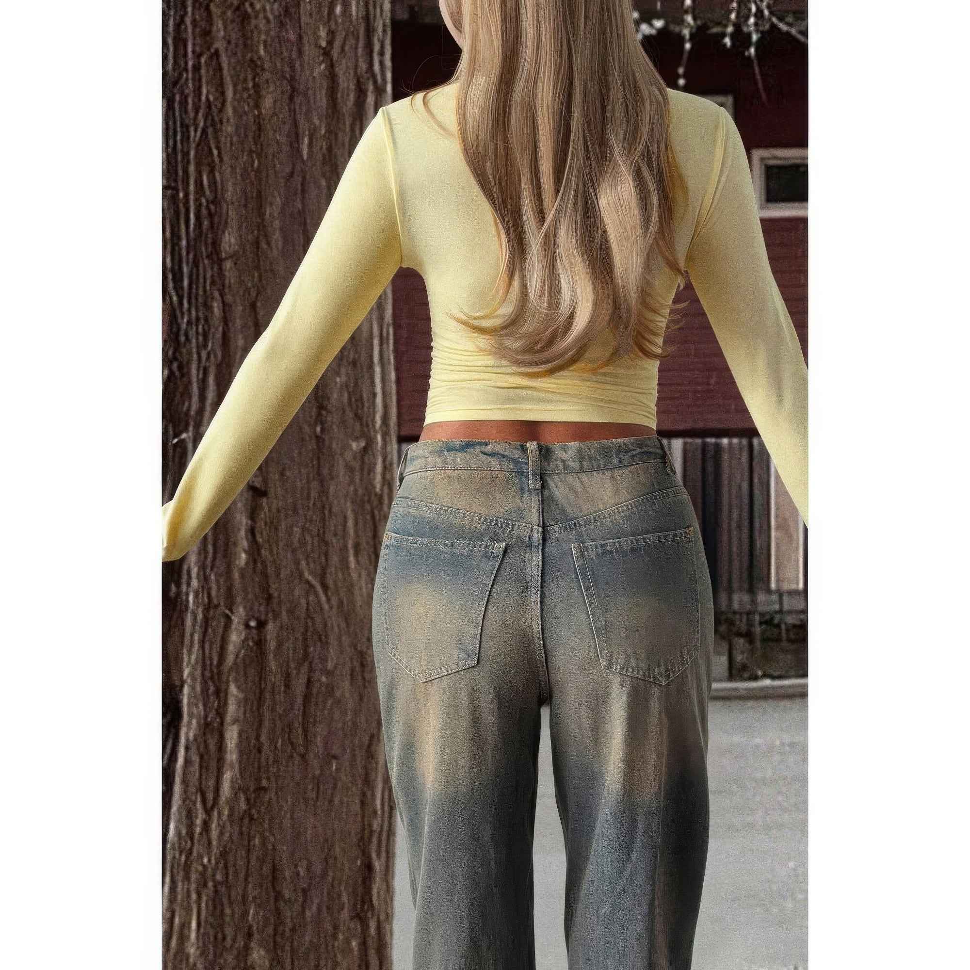 Solid Square Neck Long Sleeve Crop Top