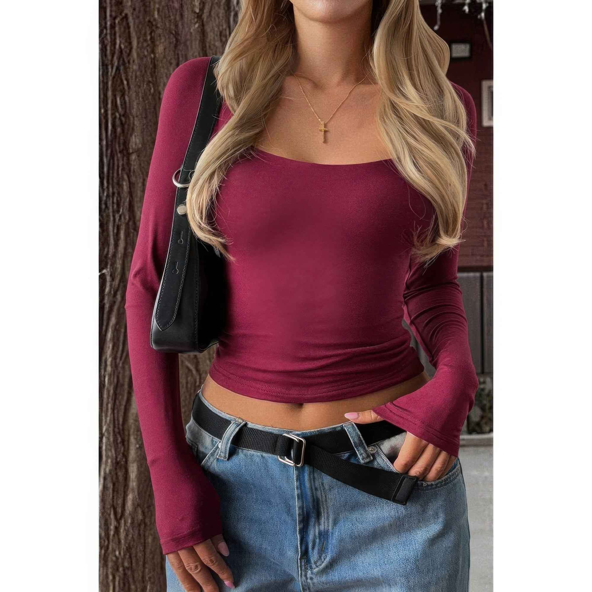 Solid Square Neck Long Sleeve Crop Top