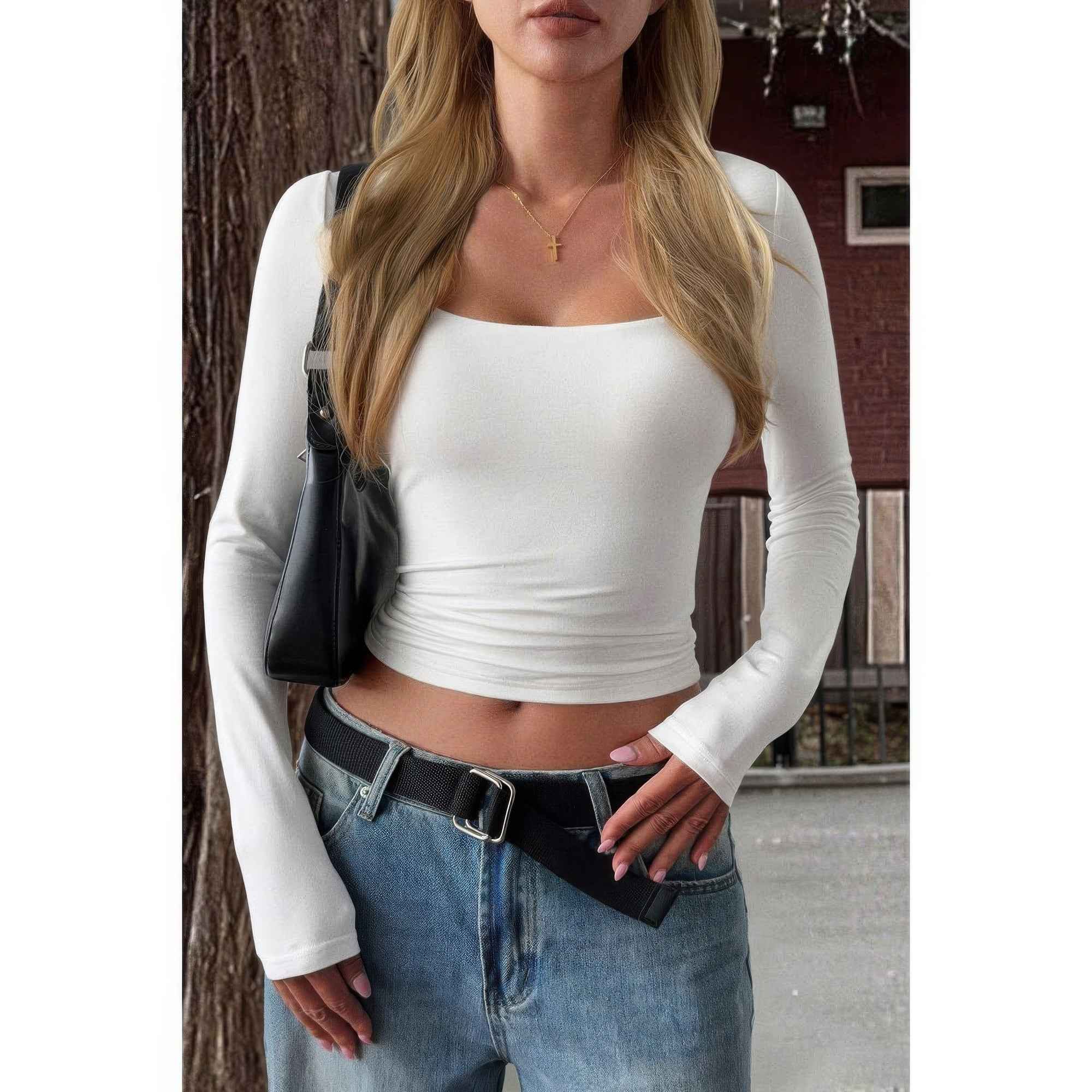 Solid Square Neck Long Sleeve Crop Top