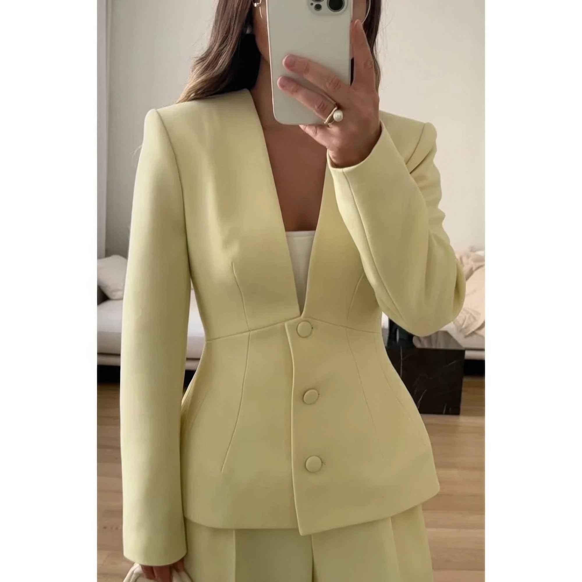 Solid Long Sleeve V Neck Button Fit Blazer