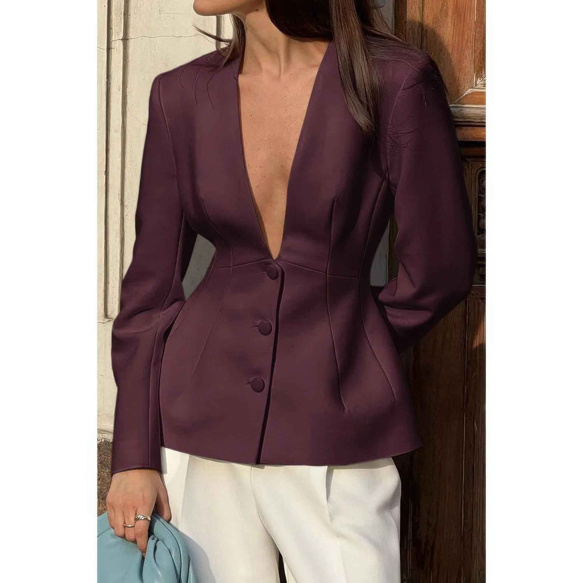 Solid Long Sleeve V Neck Button Fit Blazer