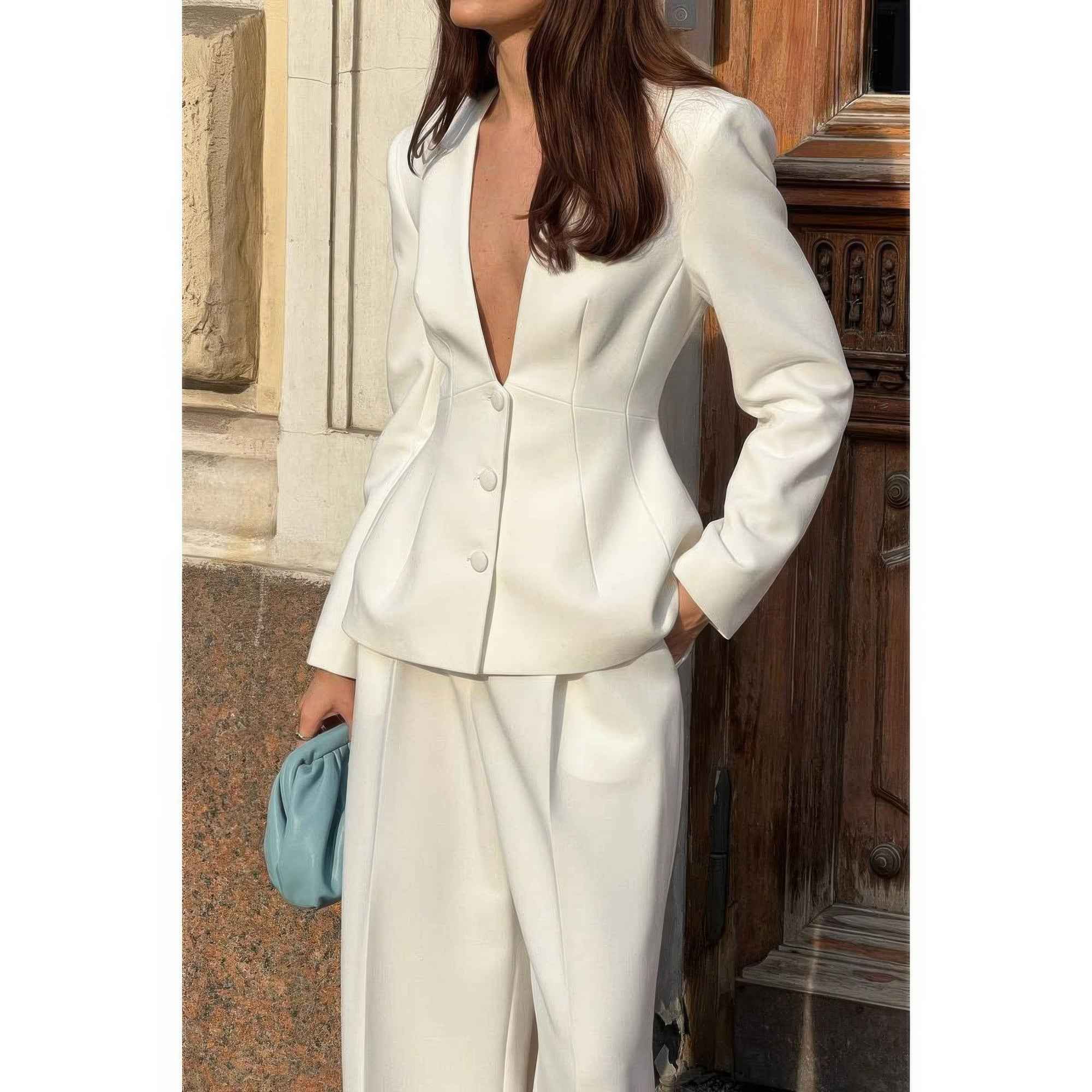 Solid Long Sleeve V Neck Button Fit Blazer