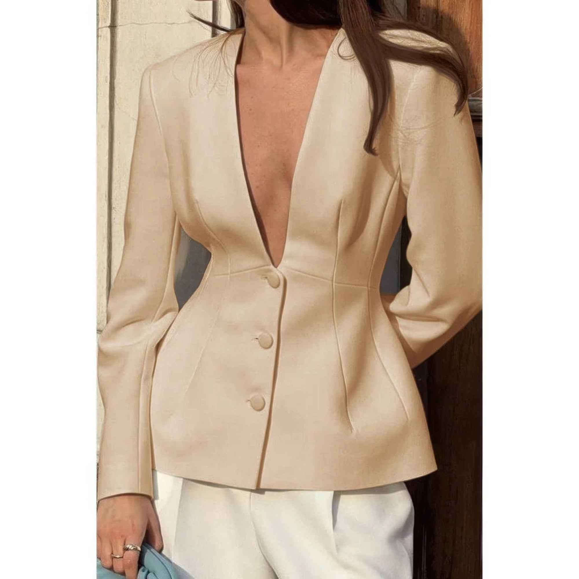 Solid Long Sleeve V Neck Button Fit Blazer