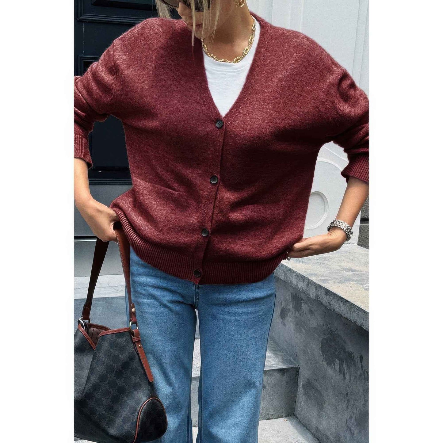 Knit Solid V Neck Button Pockets Sweater
