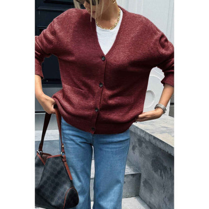 Knit Solid V Neck Button Pockets Sweater