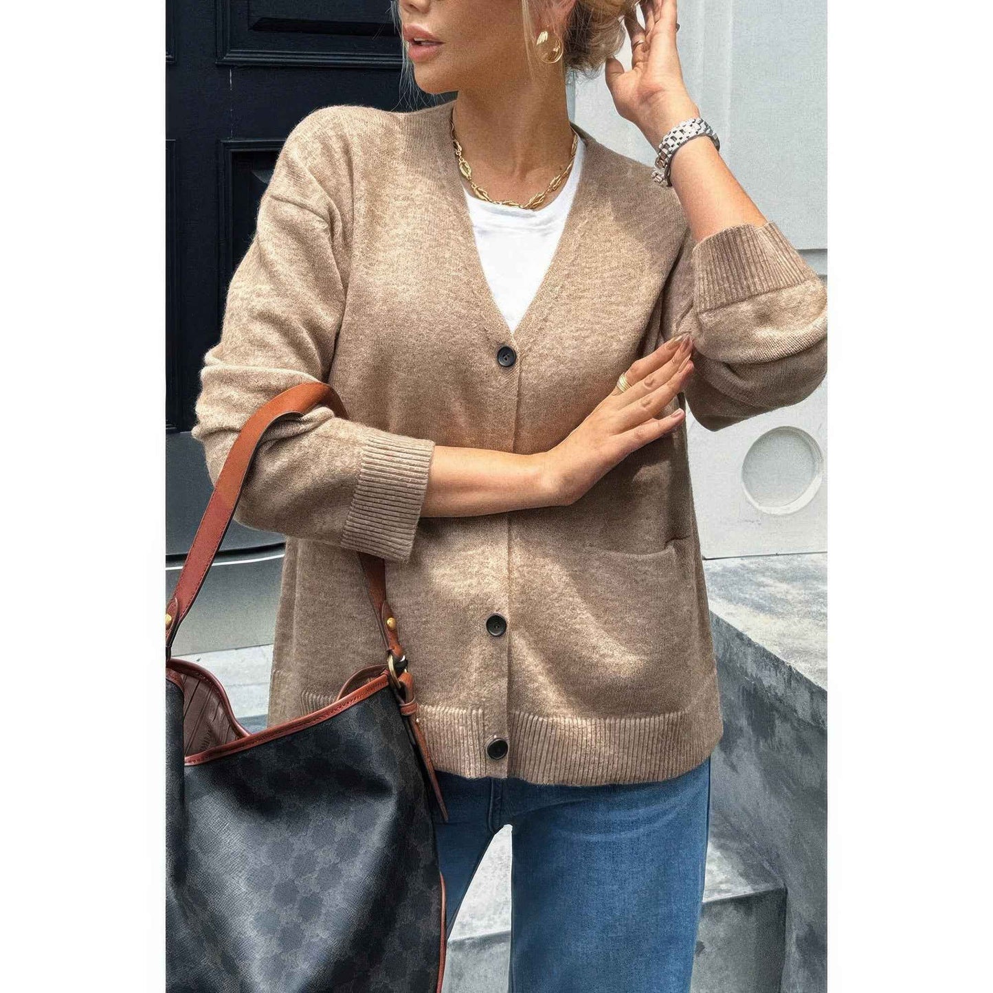 Knit Solid V Neck Button Pockets Sweater