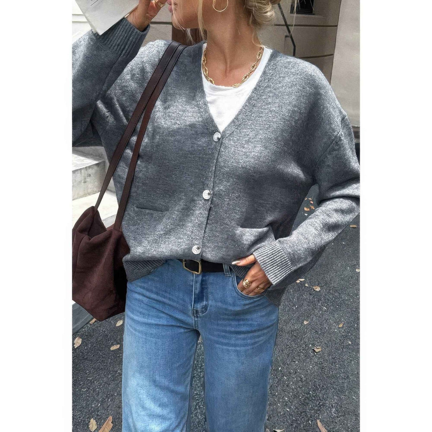 Knit Solid V Neck Button Pockets Sweater