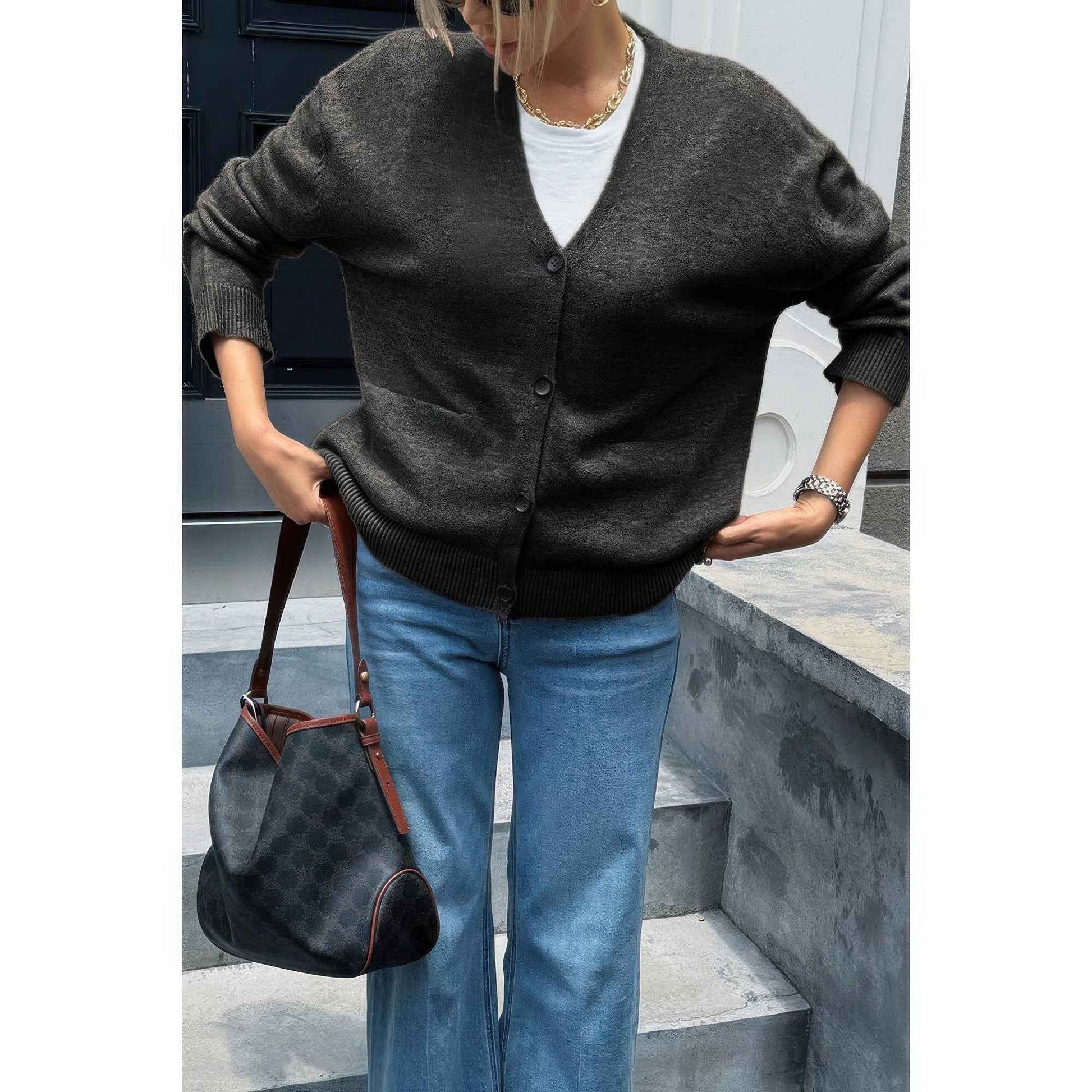 Knit Solid V Neck Button Pockets Sweater