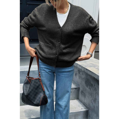 Knit Solid V Neck Button Pockets Sweater