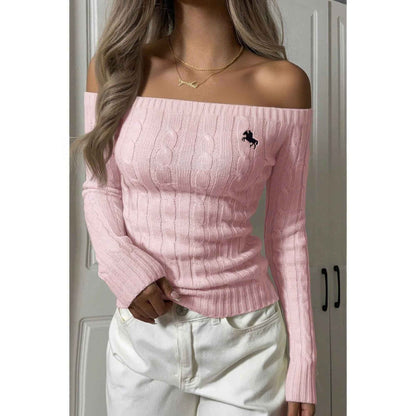 Off Shoulder Cable Knit Solid Long Sleeves Sweater