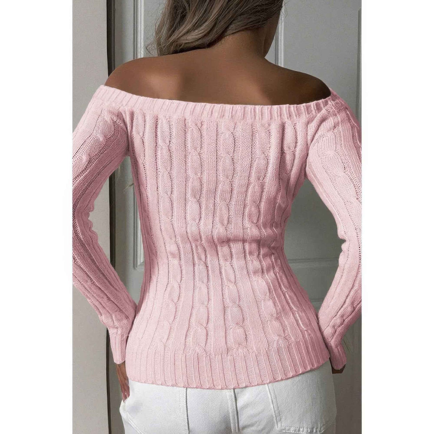 Off Shoulder Cable Knit Solid Long Sleeves Sweater