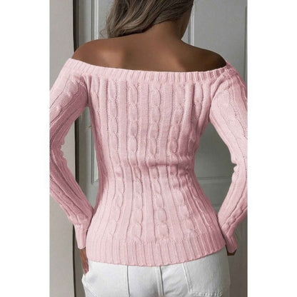 Off Shoulder Cable Knit Solid Long Sleeves Sweater