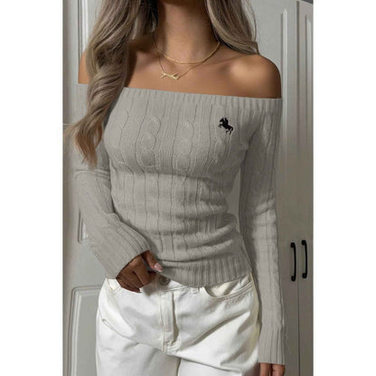 Off Shoulder Cable Knit Solid Long Sleeves Sweater