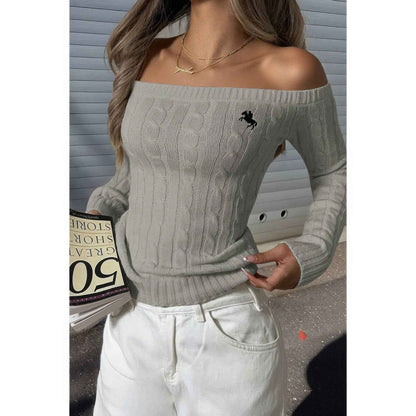 Off Shoulder Cable Knit Solid Long Sleeves Sweater