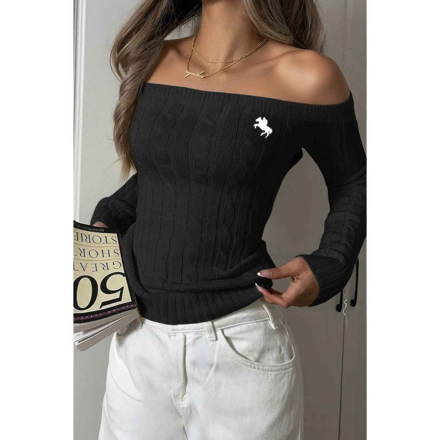 Off Shoulder Cable Knit Solid Long Sleeves Sweater