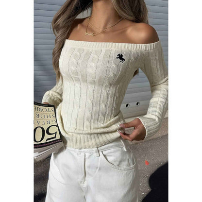 Off Shoulder Cable Knit Solid Long Sleeves Sweater