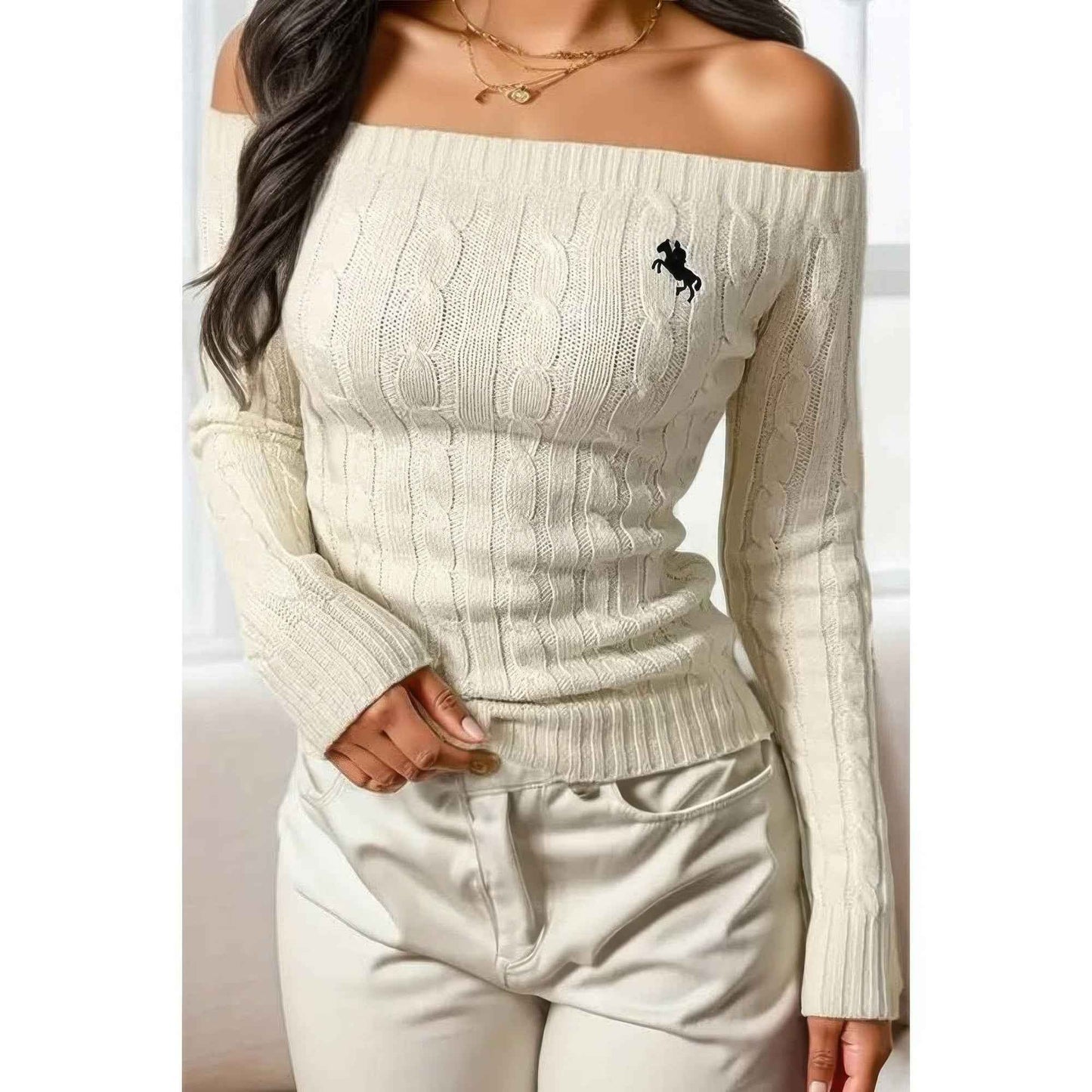 Off Shoulder Cable Knit Solid Long Sleeves Sweater